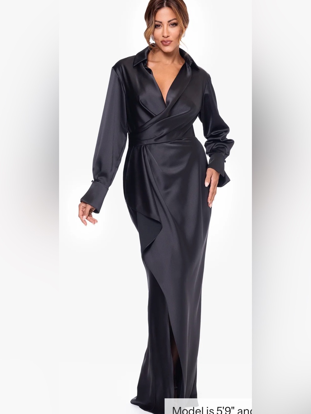 Xscape Black Emery Satin Collar Long Sleeve  Dress Size 8. NWT.